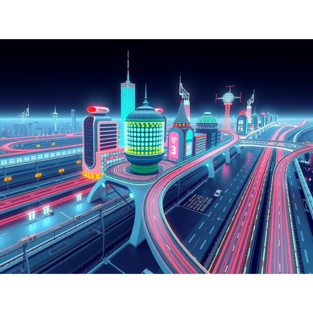 ai-generated image of a futuristic high-speed city with tech innovation hubs, symbolizing speed in development. 