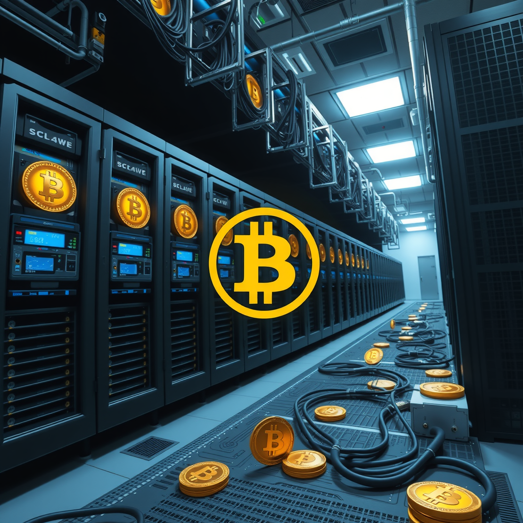 Create a image showing a crypto mining data center which is producing bitcoins or other crypto currencies