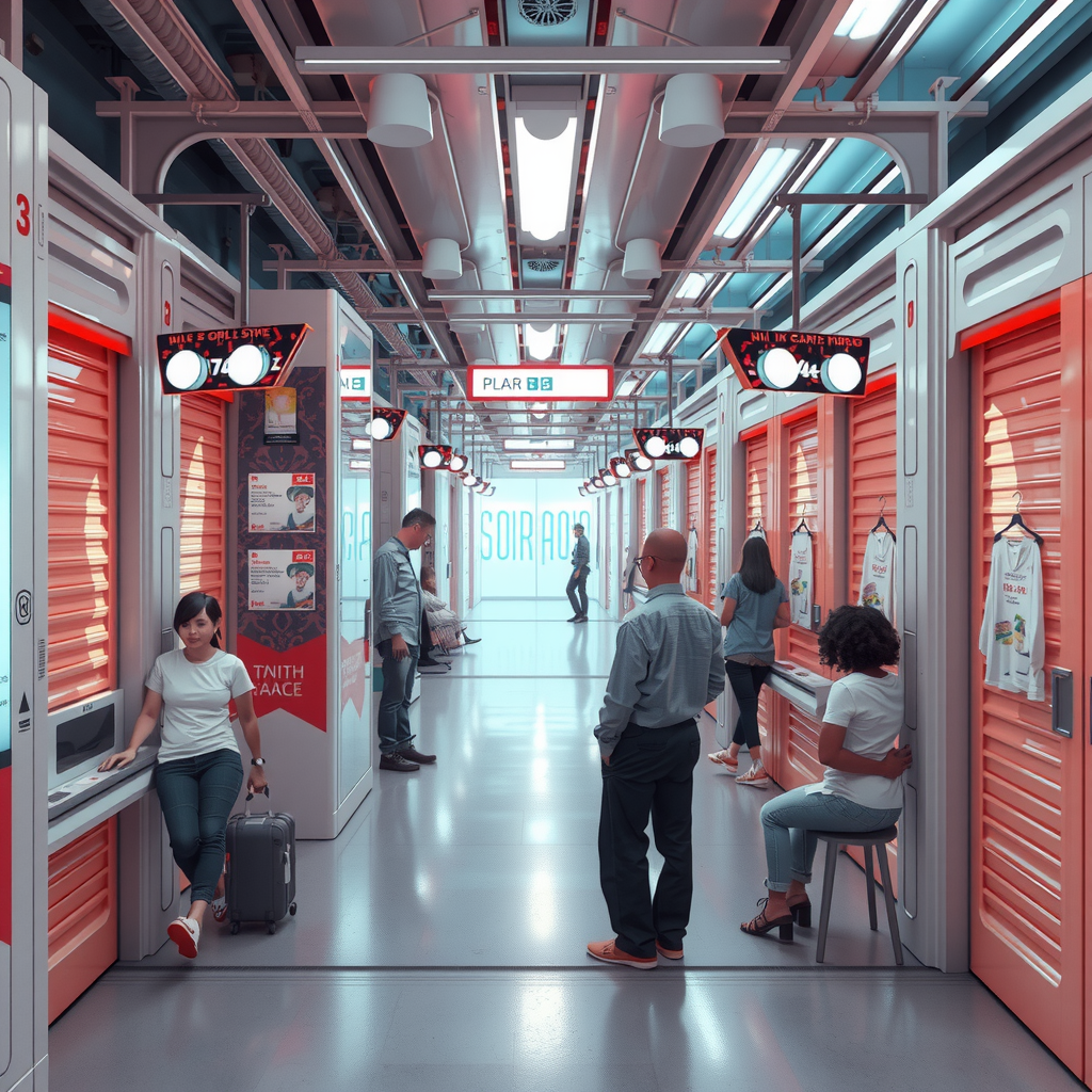 ai-generated image of a futuristic storage-sharing economy, showing people renting out spaces