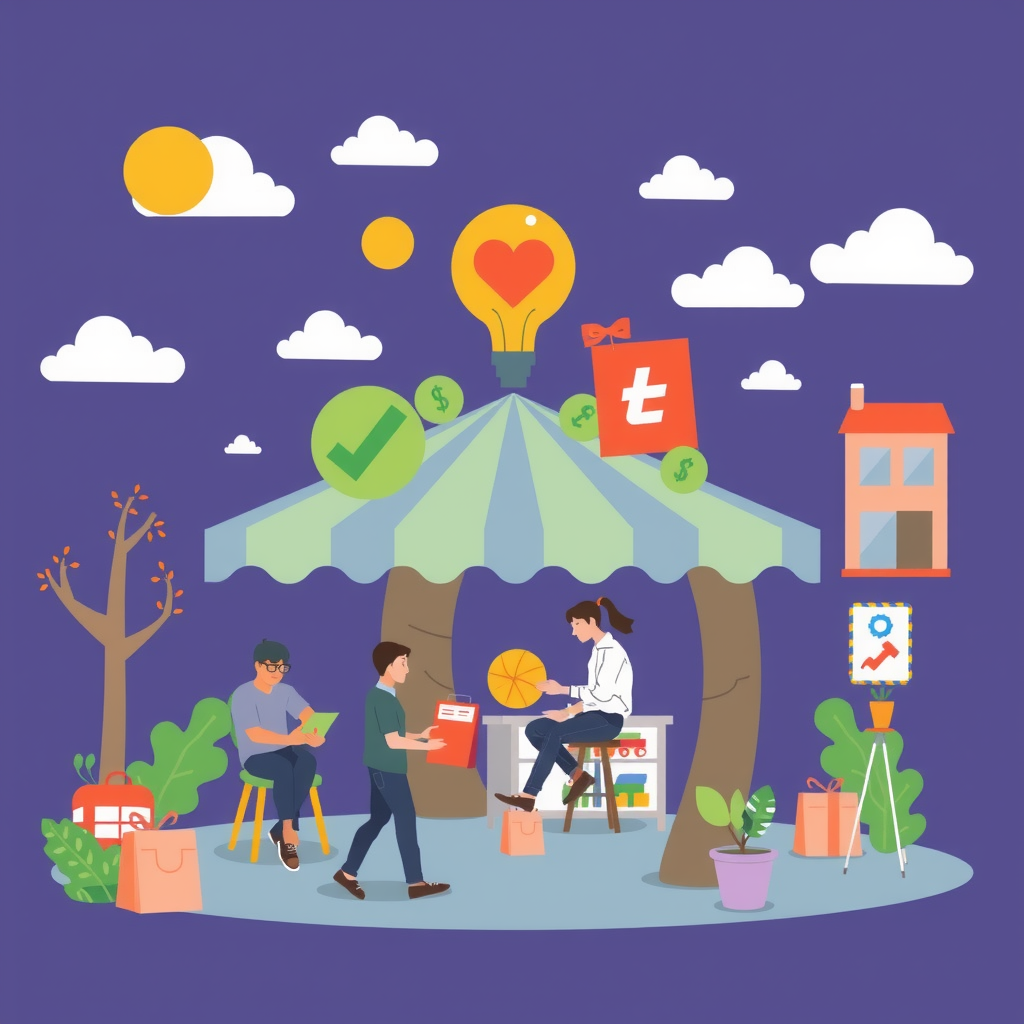 Erstelle ein bild das die shared economy illustriert. Der Begriff der Sharing Economy meint das systematische Ausleihen von Gegenständen und gegenseitige Bereitstellen von Räumen und Flächen, insbesondere durch Privatpersonen und Interessengruppen. Im Mittelpunkt steht die Collaborative Consumption, der Gemeinschaftskonsum.