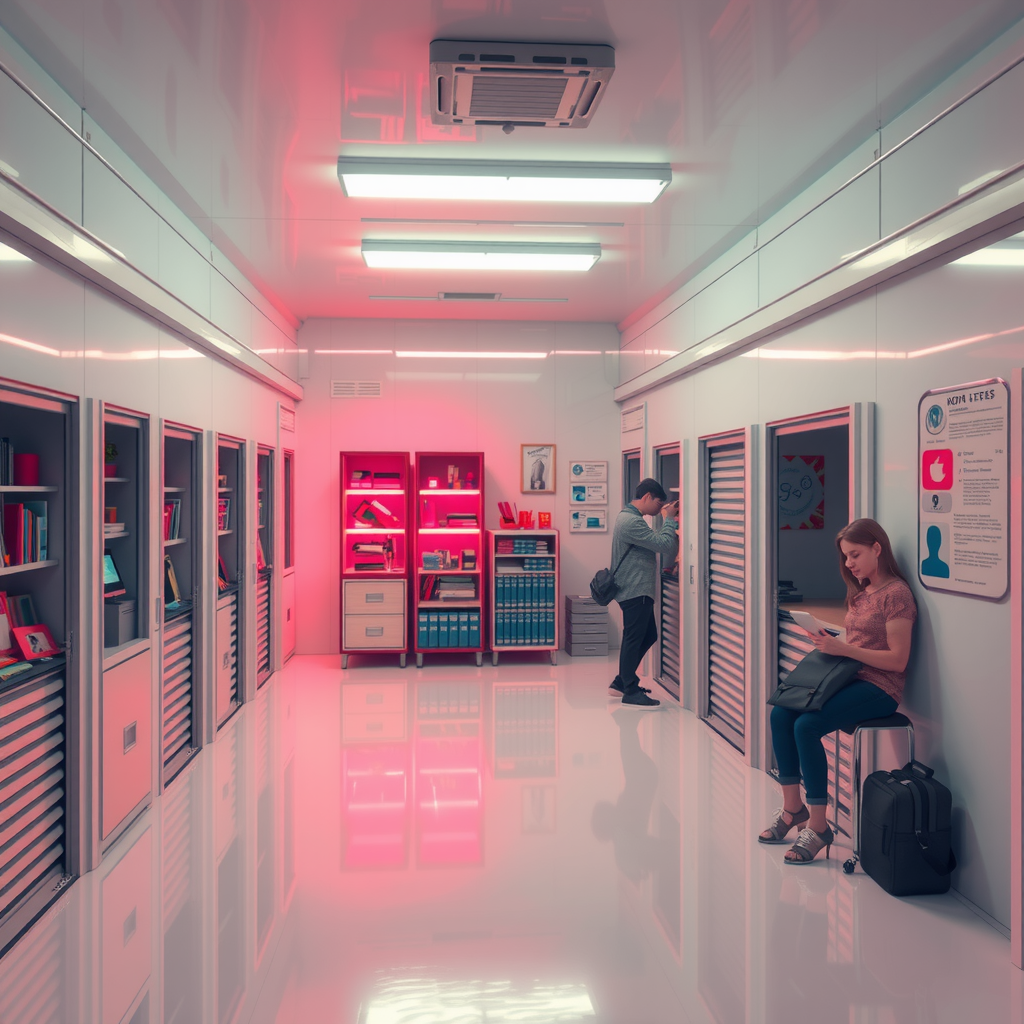 ai-generated image of a futuristic storage-sharing economy, showing people renting out spaces