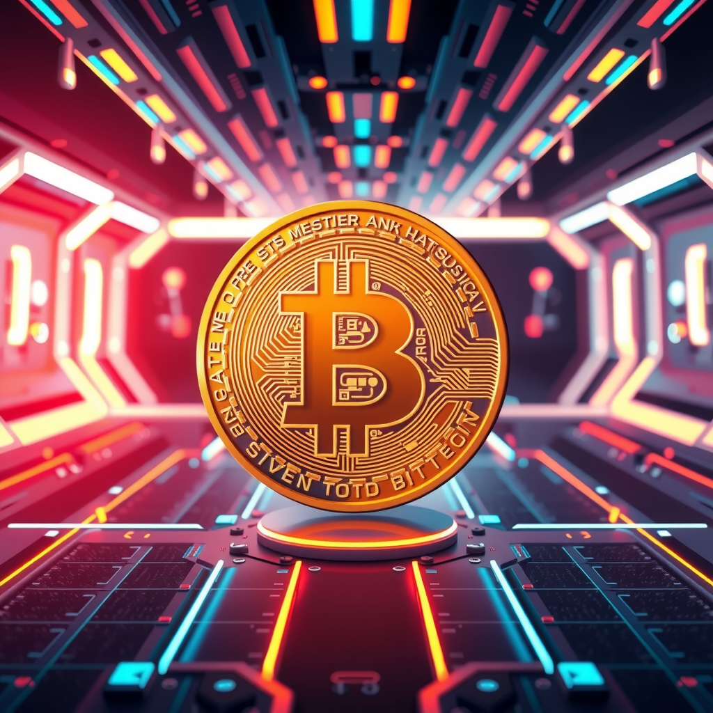 Generate a image showing a bitcoin (BTC) in a futuristic background