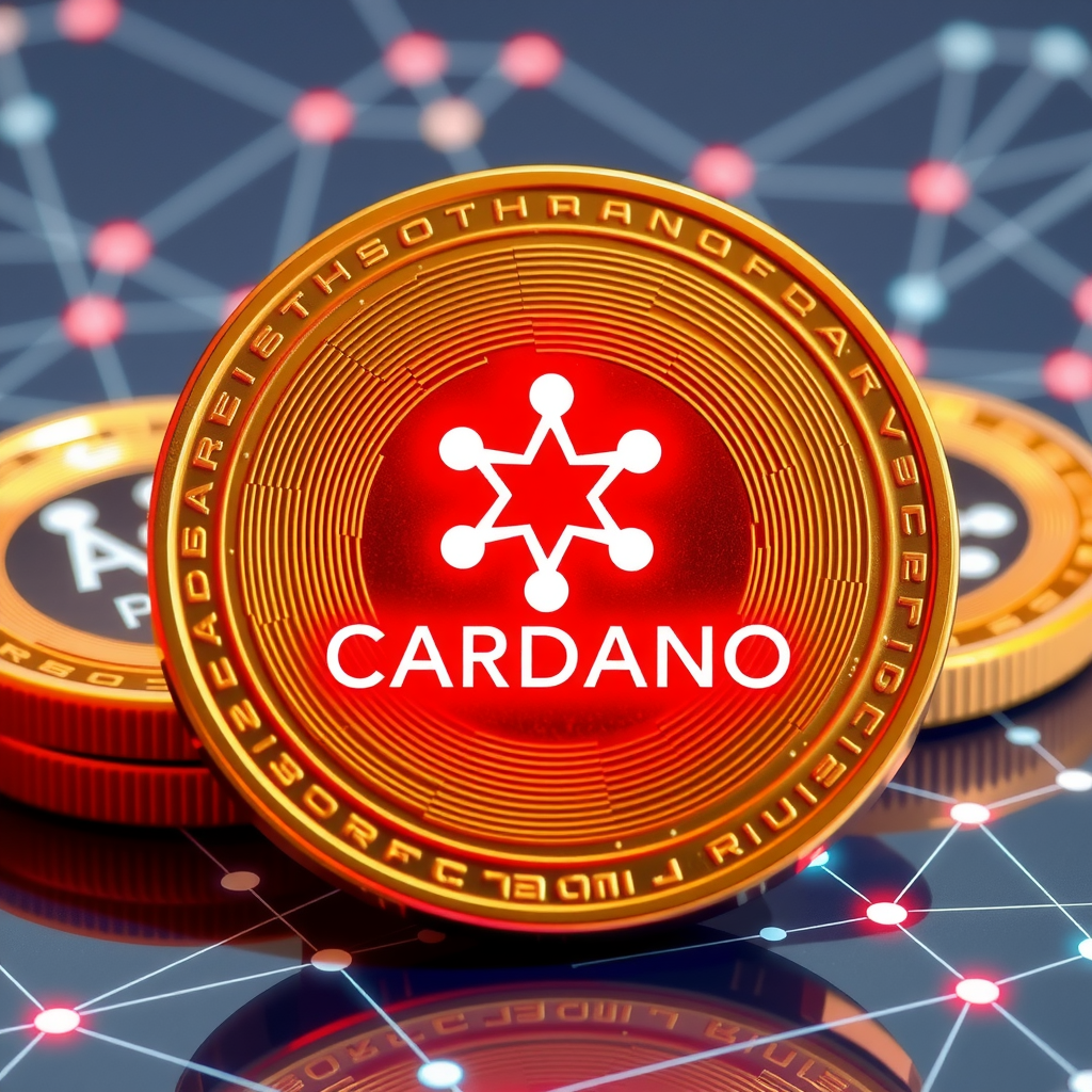 Create a image showing coins with the Cardano logo to illustrate crypto currency. The background can be abstract and futuristic e.g show a blockchain which is a network with nodes and edges