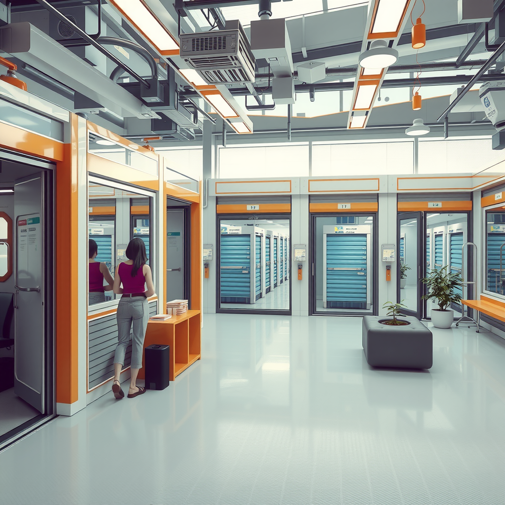 ai-generated image of a futuristic storage-sharing economy, showing people renting out spaces