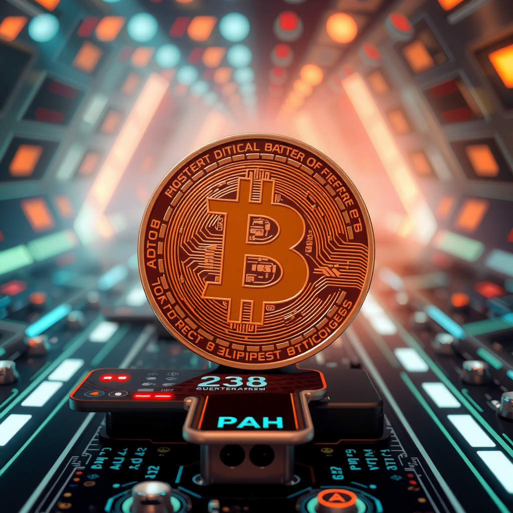 Generate a image showing a bitcoin (BTC) in a futuristic background