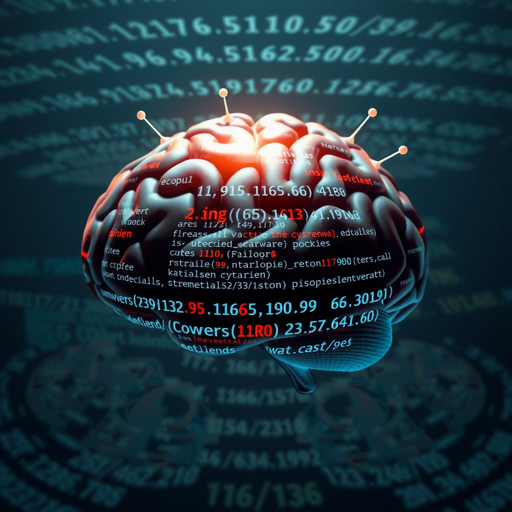 ai-generated image of a digital brain made of code and data, symbolizing complex algorithmic thinking