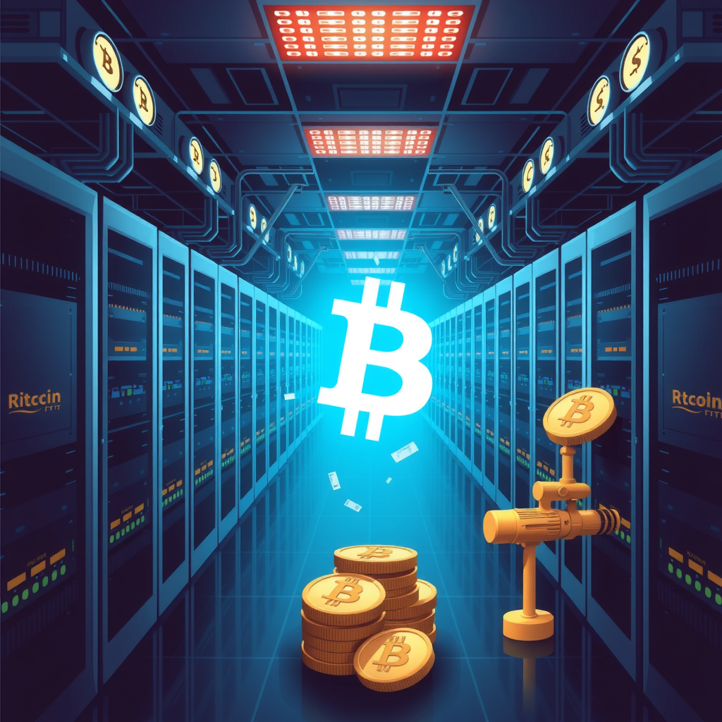Create a image showing a crypto mining data center which is producing bitcoins or other crypto currencies