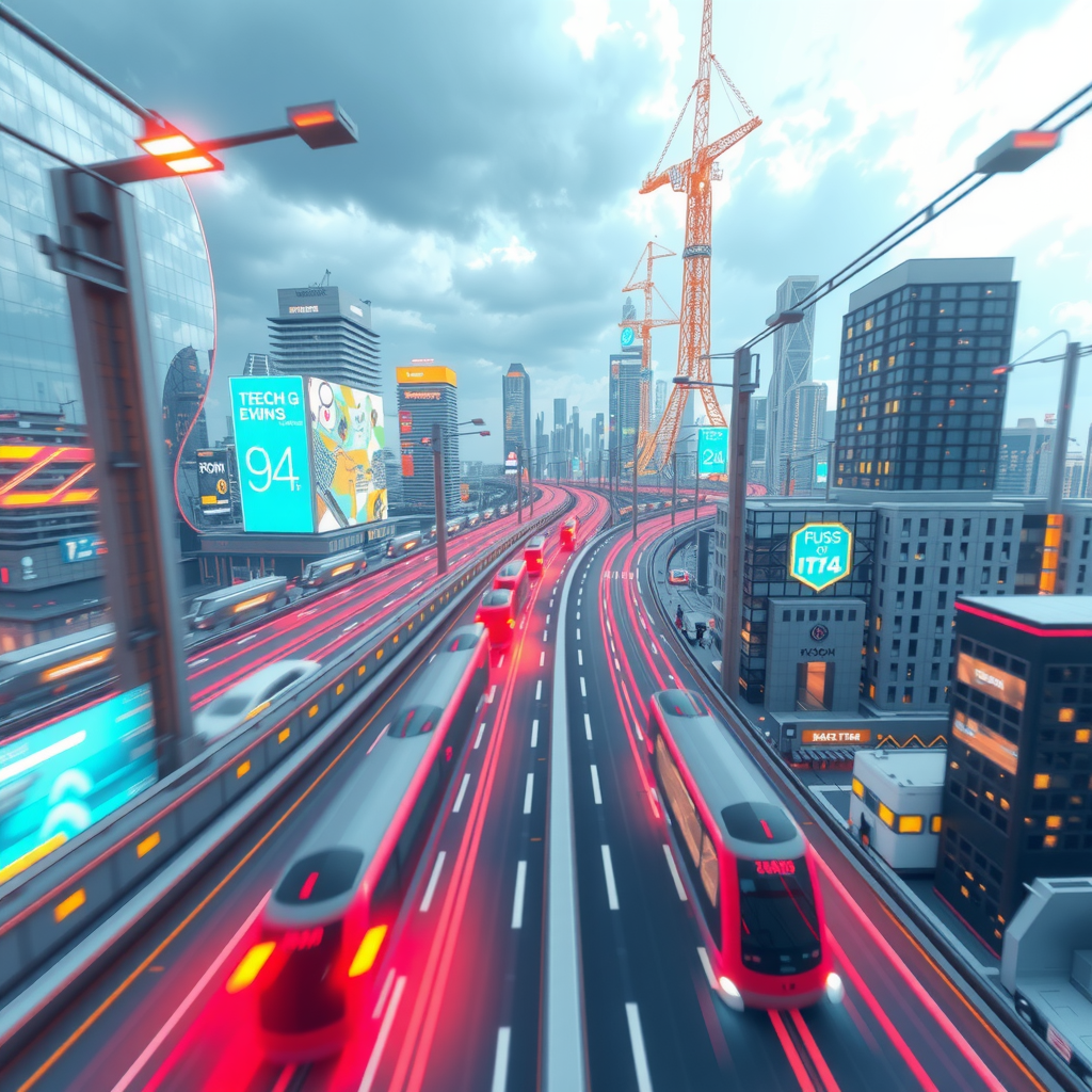 ai-generated image of a futuristic high-speed city with tech innovation hubs, symbolizing speed in development. 