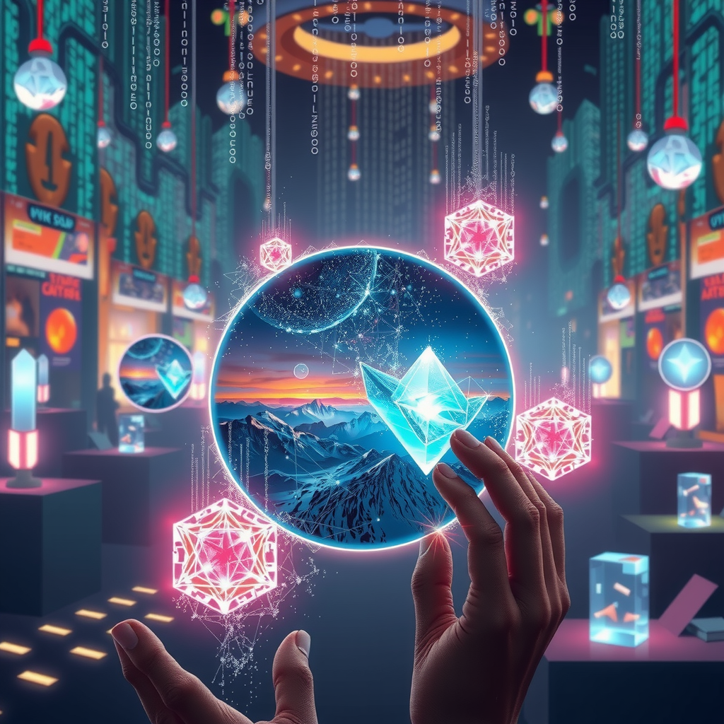 Create an image inspired by the concept of Non-Fungible Tokens or NFTs. The artwork could be a stunning landscape or complex abstract design, surrounded by the ethereal glow of blockchain code strings, hinting at the underpinning technology of NFTs. In the background, portray a digital marketplace, filled with other similar prisms, making a scene that feels futuristic and exploring the excitement and intrigue surrounding the digitized art market.