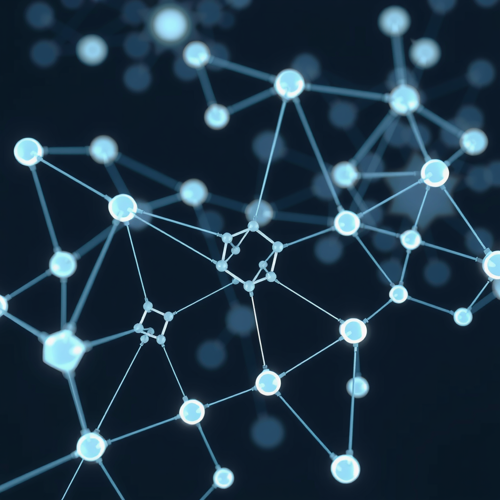 Create an image showing a blockchain in a abstract way with nodes and edges. A kind of network that is running the blockchain.