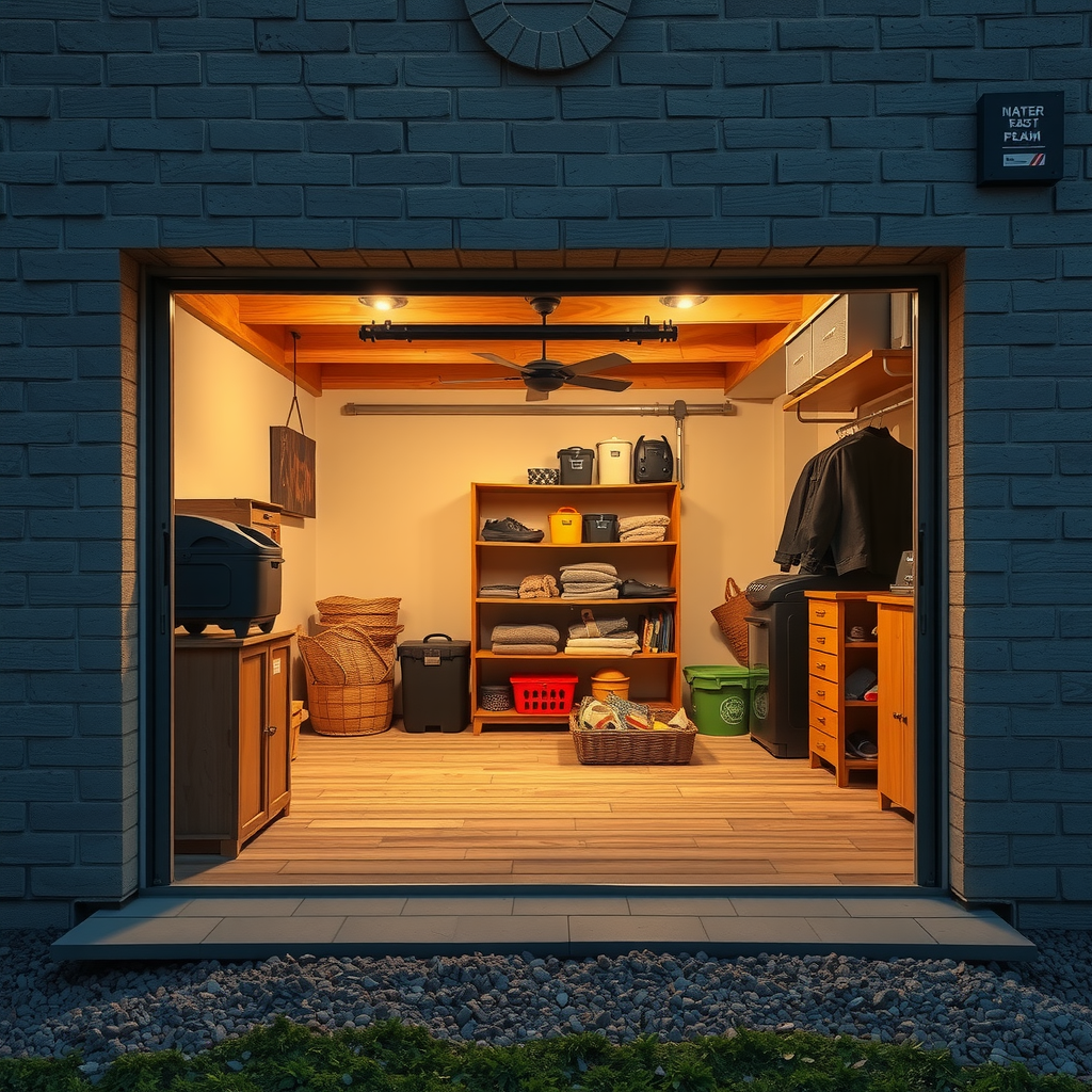 Erstelle ein Bild das zeigt wie private Lagerungsräume aussehen könnten wie z.B. ein Keller, ein Raum in einer Wohnung oder Einfamilienhaus. Es könnte auch eine Garage sein oder ein andere Ort indem man gut Sachen lagern kann.