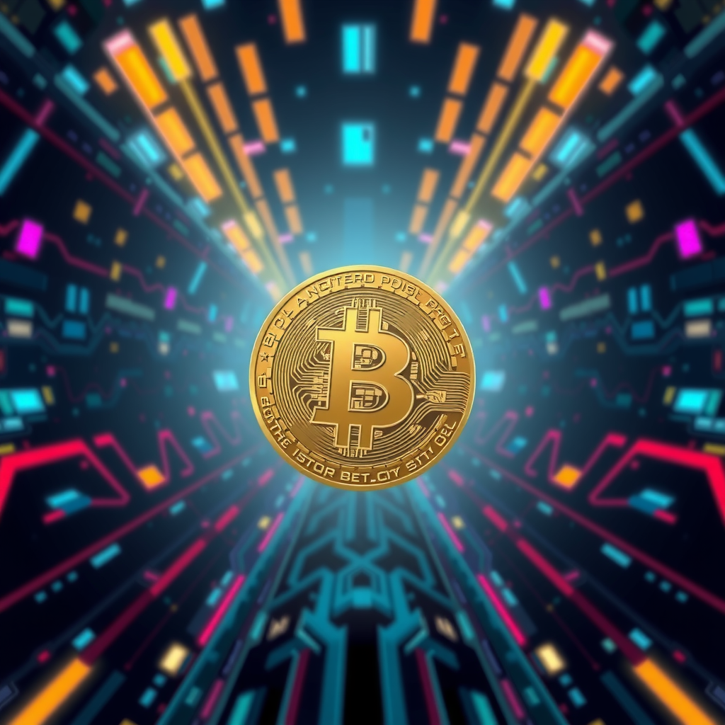 Generate a image showing a bitcoin (BTC) in a futuristic background