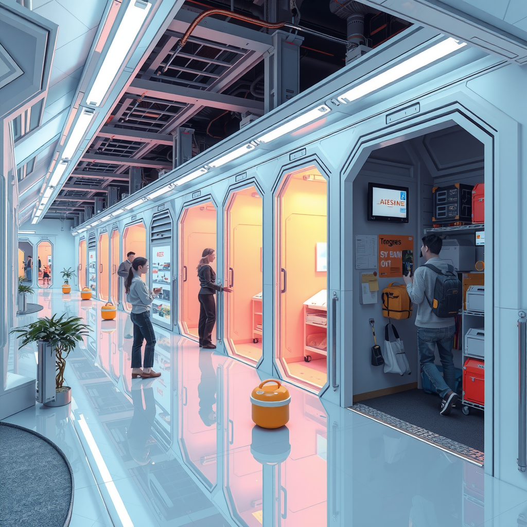ai-generated image of a futuristic storage-sharing economy, showing people renting out spaces