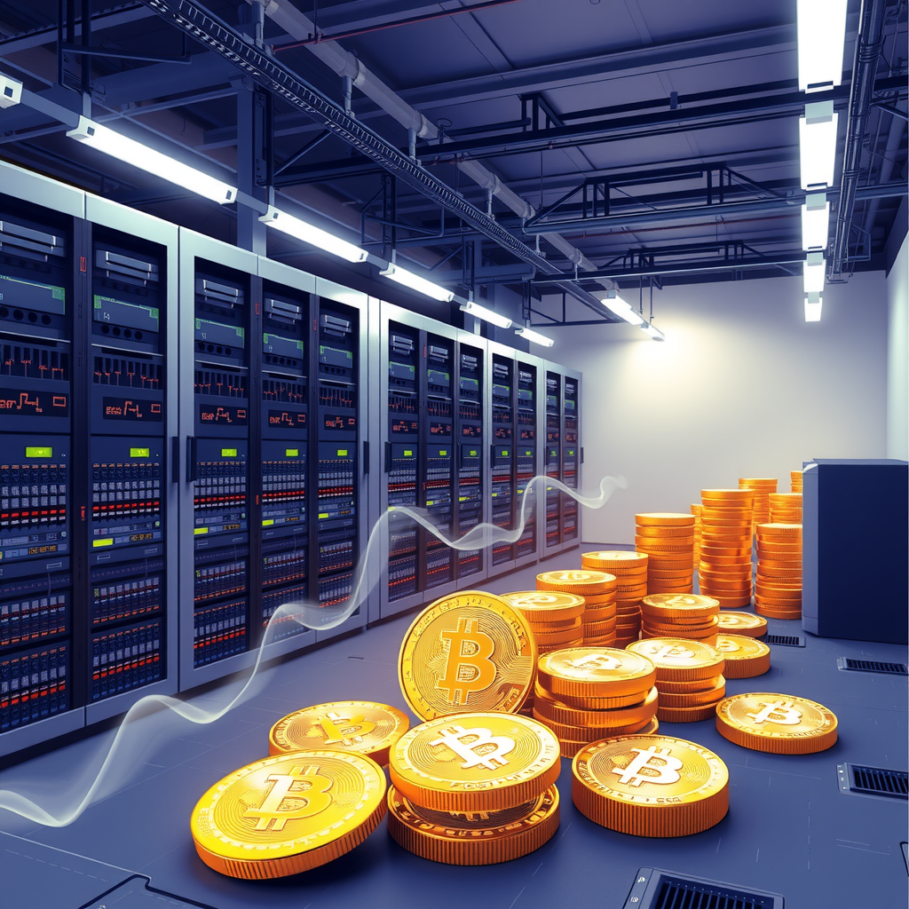Create a image showing a crypto mining data center which is producing bitcoins or other crypto currencies