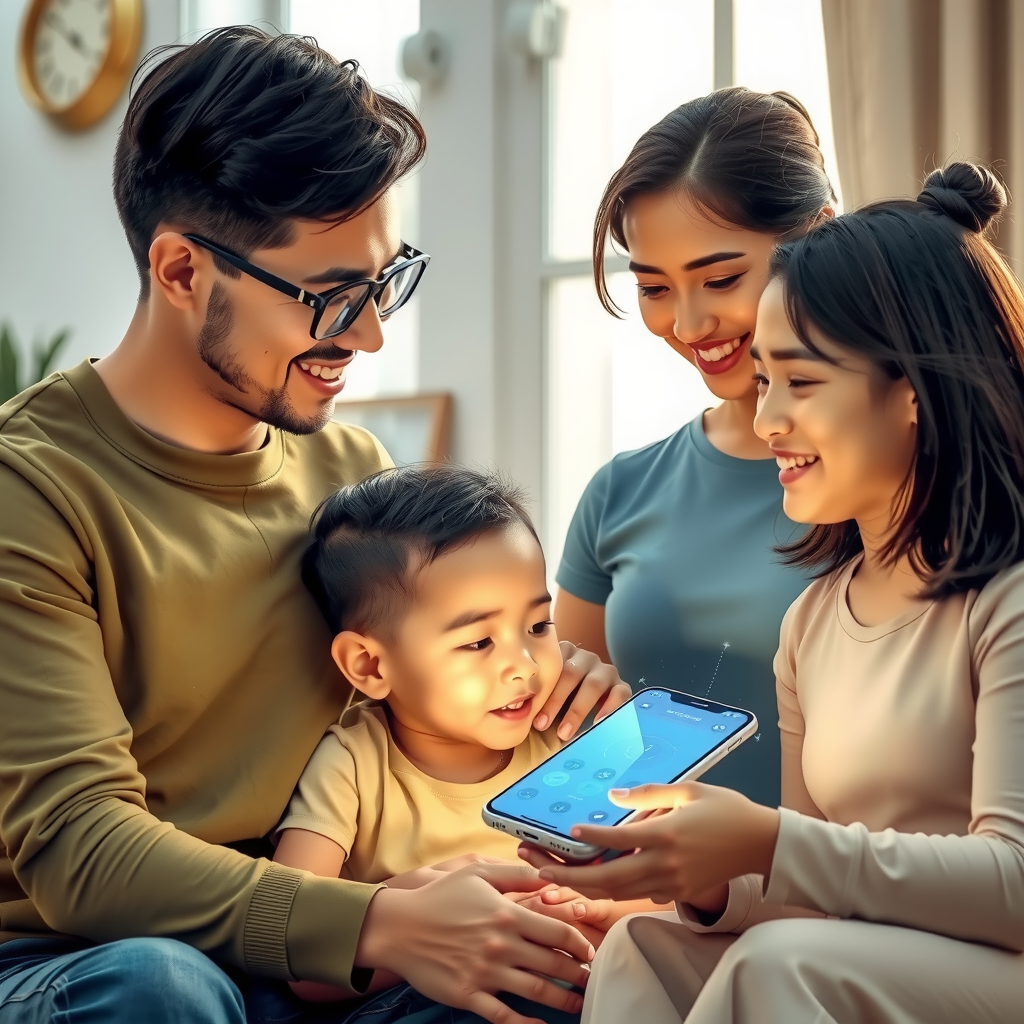ai-generated image of a happy family engaging with a smart AI assistant, receiving helpful insights