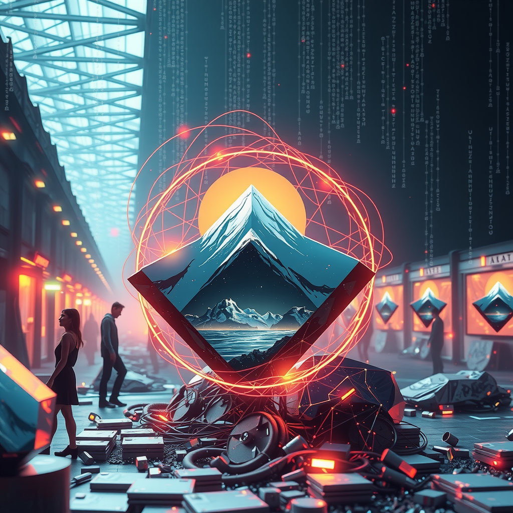 Create an image inspired by the concept of Non-Fungible Tokens or NFTs. The artwork could be a stunning landscape or complex abstract design, surrounded by the ethereal glow of blockchain code strings, hinting at the underpinning technology of NFTs. In the background, portray a digital marketplace, filled with other similar prisms, making a scene that feels futuristic and exploring the excitement and intrigue surrounding the digitized art market.