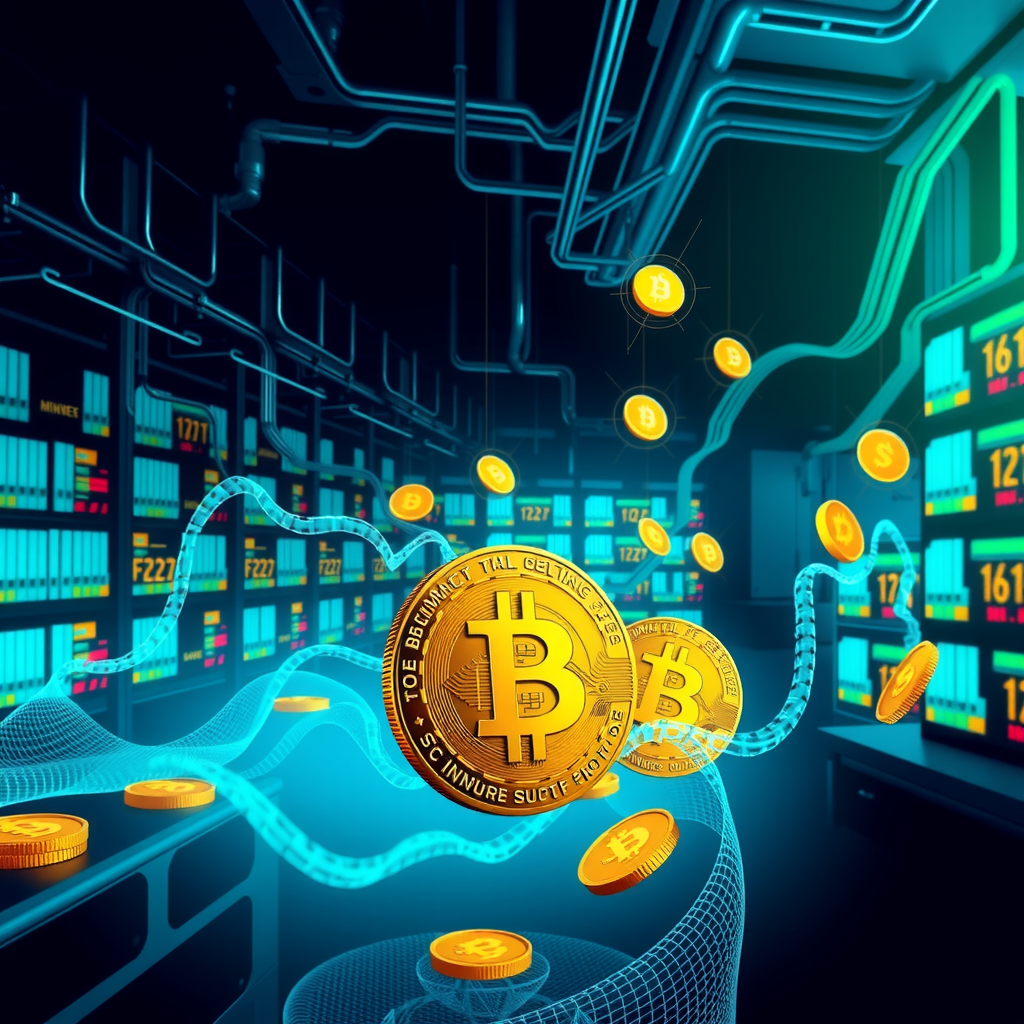 Create a image showing a crypto mining data center which is producing bitcoins or other crypto currencies