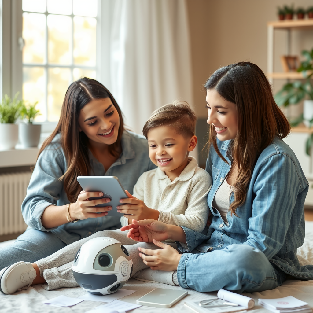 ai-generated image of a happy family engaging with a smart AI assistant, receiving helpful insights