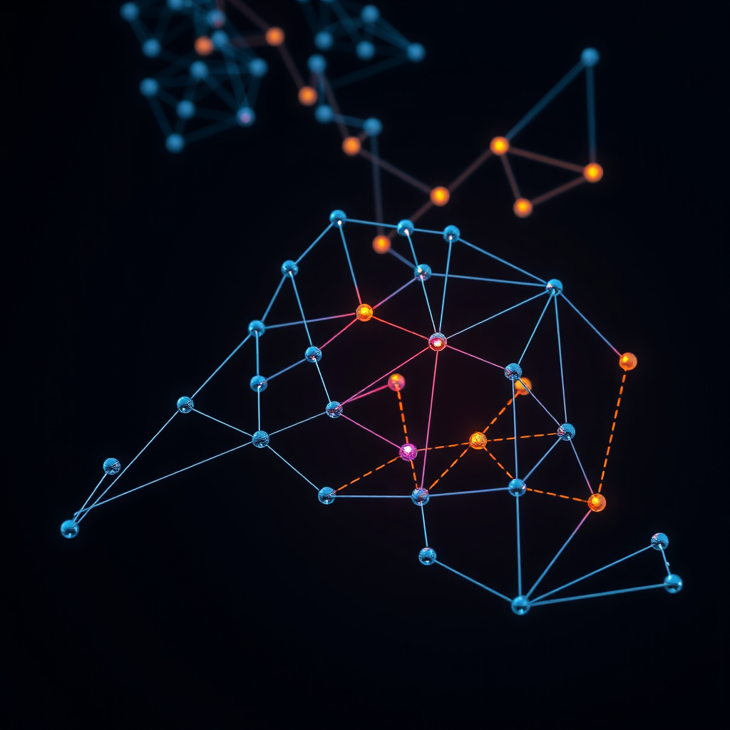 A blockchain which is a network of nodes and edges with a dark background and some blinking showing activity and transactions in the blockchain.