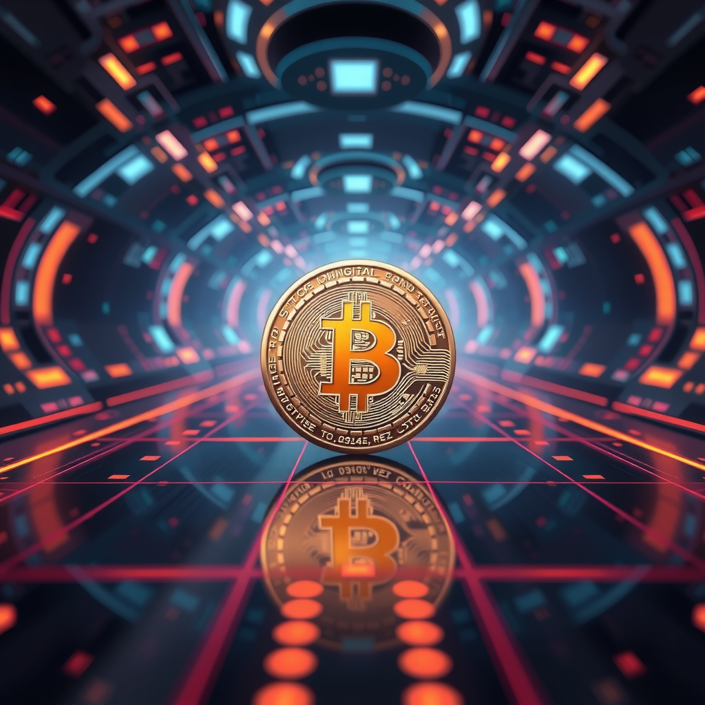 Generate a image showing a bitcoin (BTC) in a futuristic background
