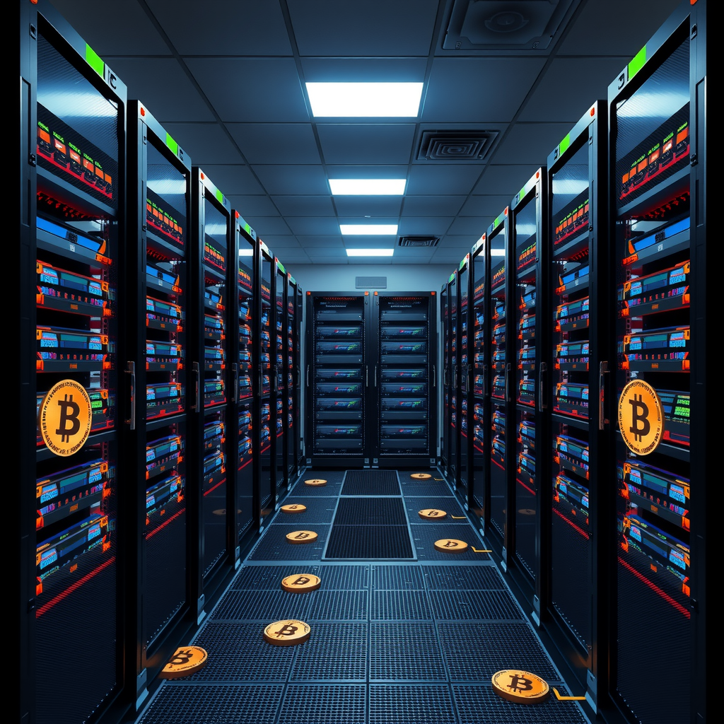 Create a image showing a crypto mining data center which is producing bitcoins or other crypto currencies