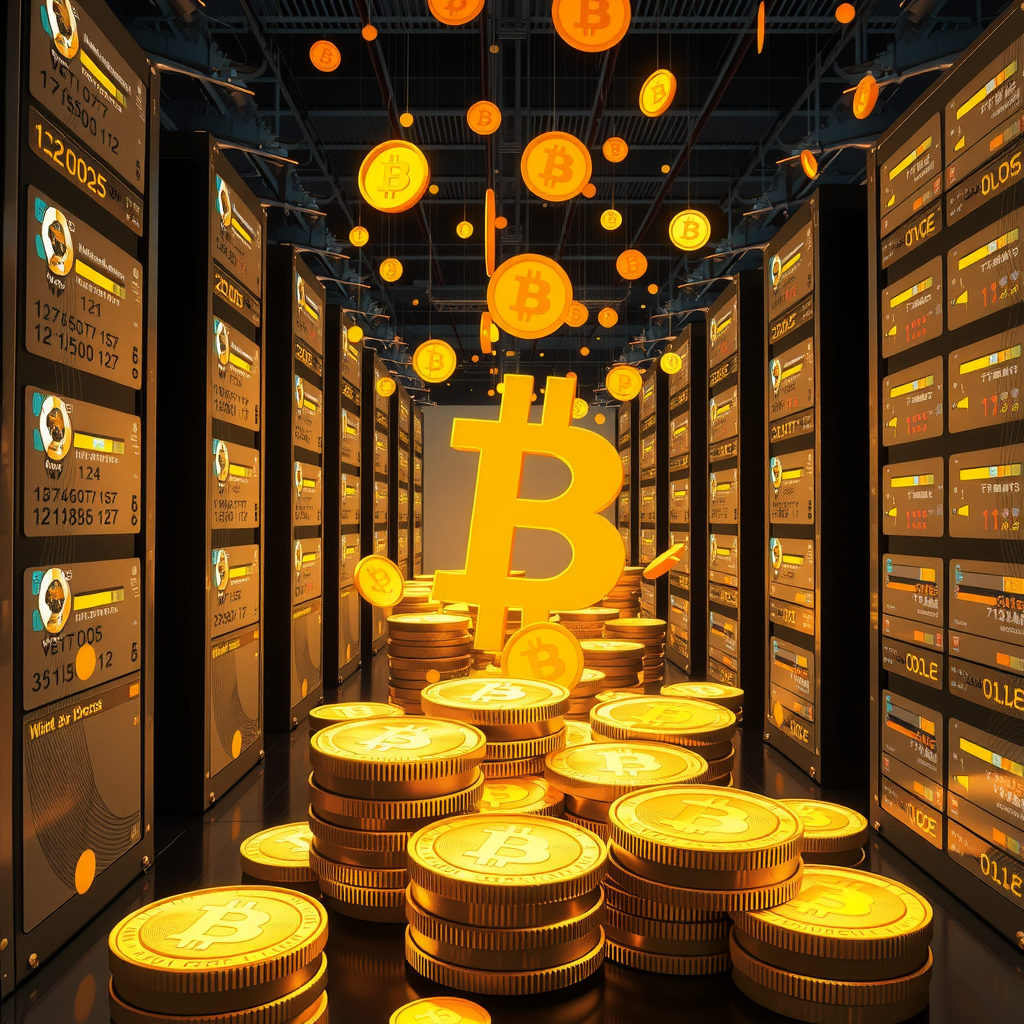 Create a image showing a crypto mining data center which is producing bitcoins or other crypto currencies