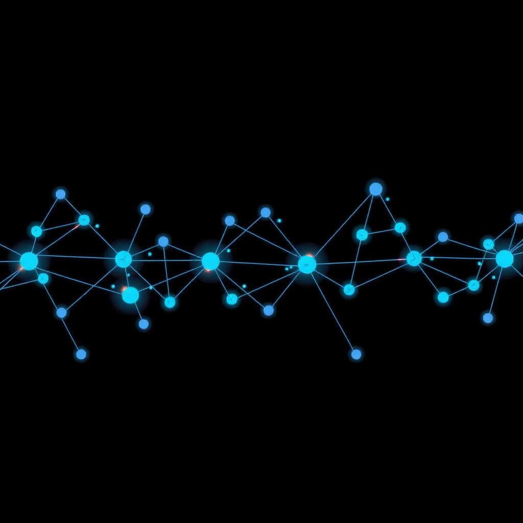 A blockchain which is a network of nodes and edges with a dark background and some blinking showing activity and transactions in the blockchain.