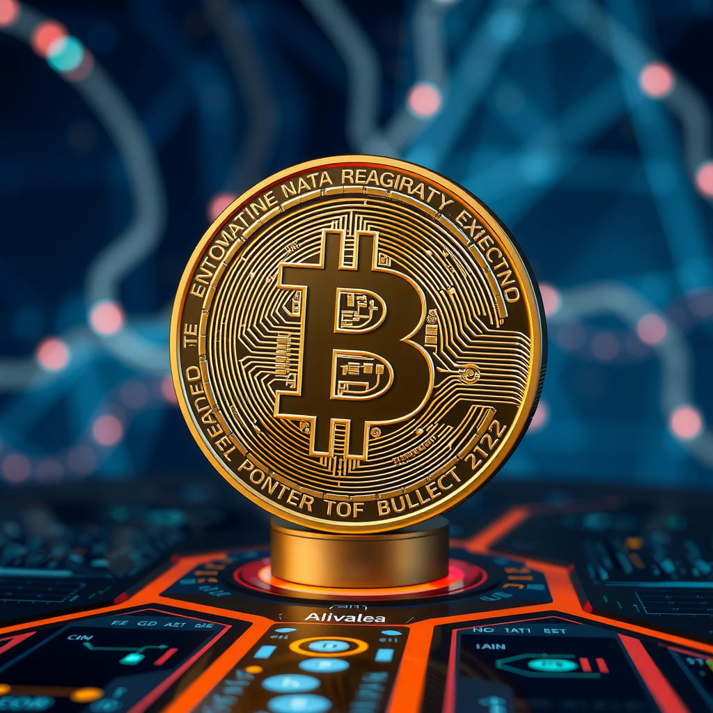 Generate a image showing a bitcoin (BTC) in a futuristic background