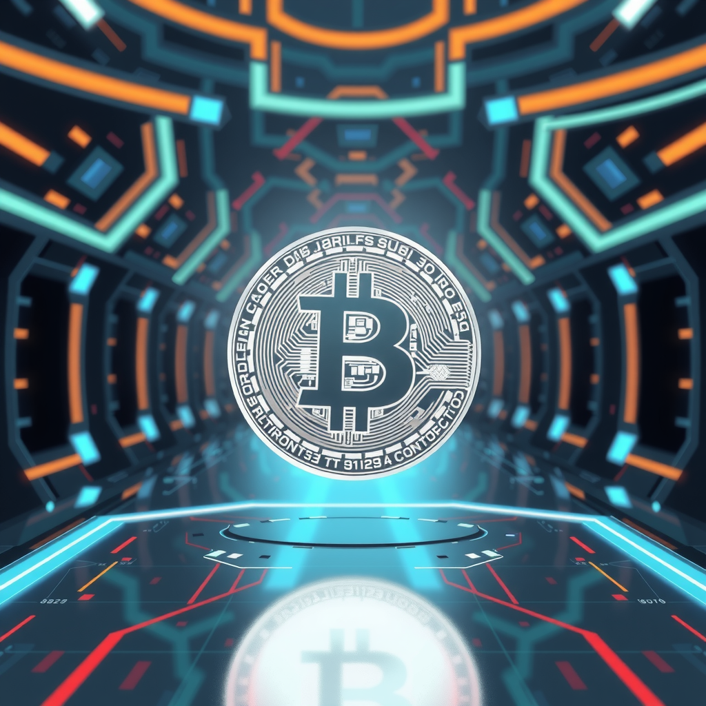 Generate a image showing a bitcoin (BTC) in a futuristic background