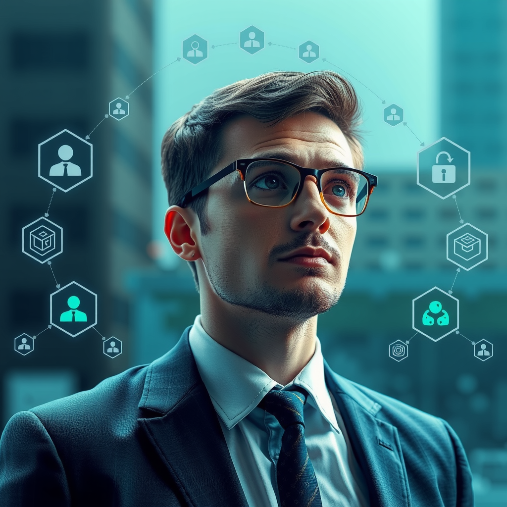 ai-generated image of a business professional facing crossroads, with tech-inspired solutions visualized around them