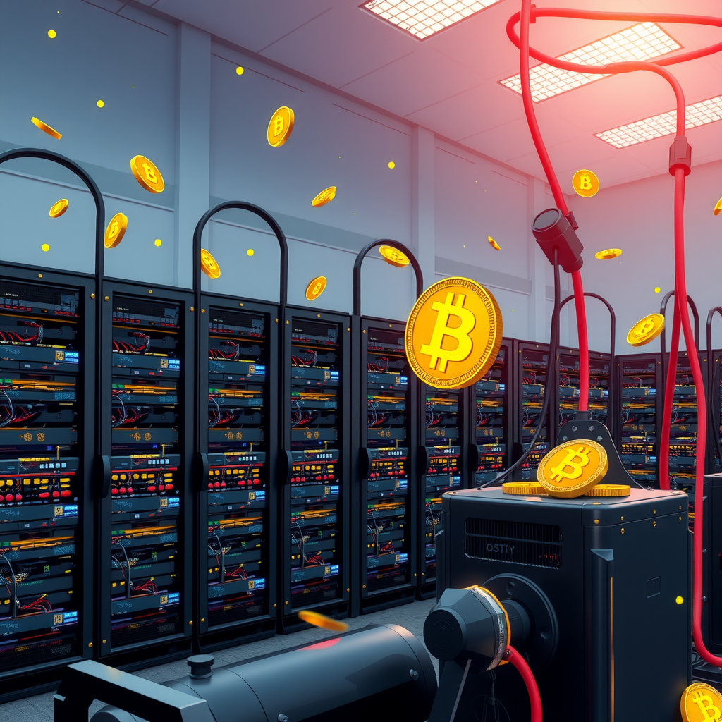 Create a image showing a crypto mining data center which is producing bitcoins or other crypto currencies