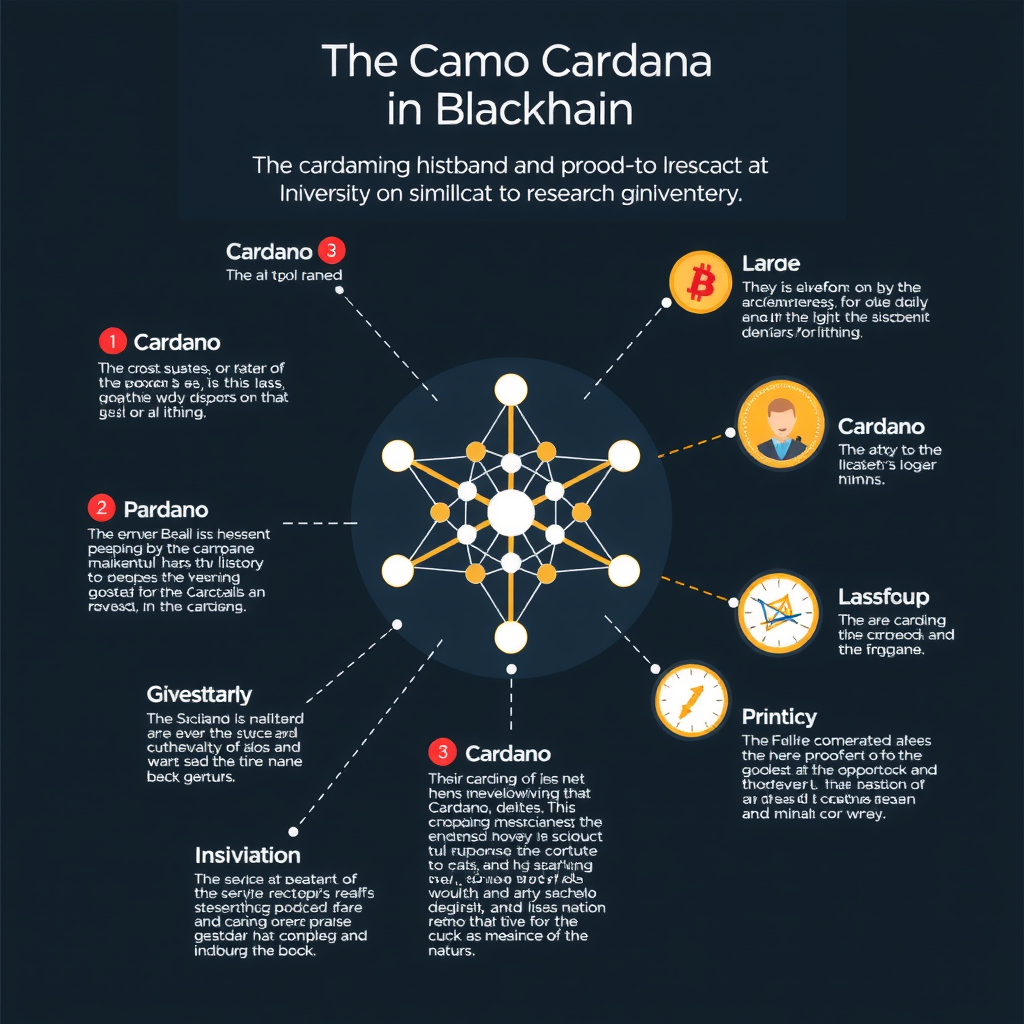 Create an image illustrating the history of the Cardano blockchain, their development, roadmap, and achievements. It's related to research and education. Everything is proofed and validated similar to research at University. Do not use text in the image, it should just be visual and nothing to read.