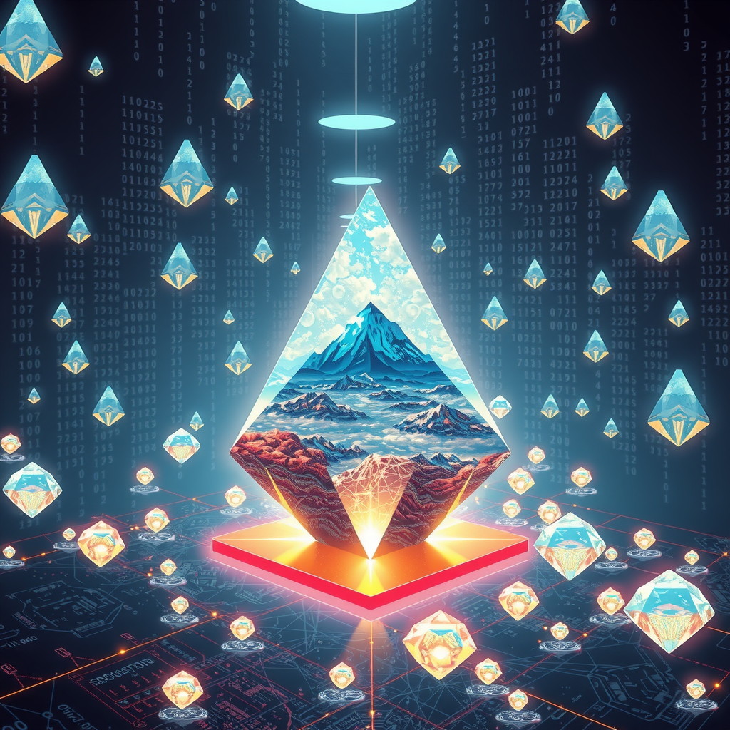 Create an image inspired by the concept of Non-Fungible Tokens or NFTs. The artwork could be a stunning landscape or complex abstract design, surrounded by the ethereal glow of blockchain code strings, hinting at the underpinning technology of NFTs. In the background, portray a digital marketplace, filled with other similar prisms, making a scene that feels futuristic and exploring the excitement and intrigue surrounding the digitized art market.