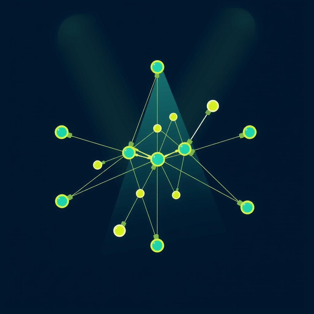Create an image showing a blockchain in a abstract way with nodes and edges. A kind of network that is running the blockchain.