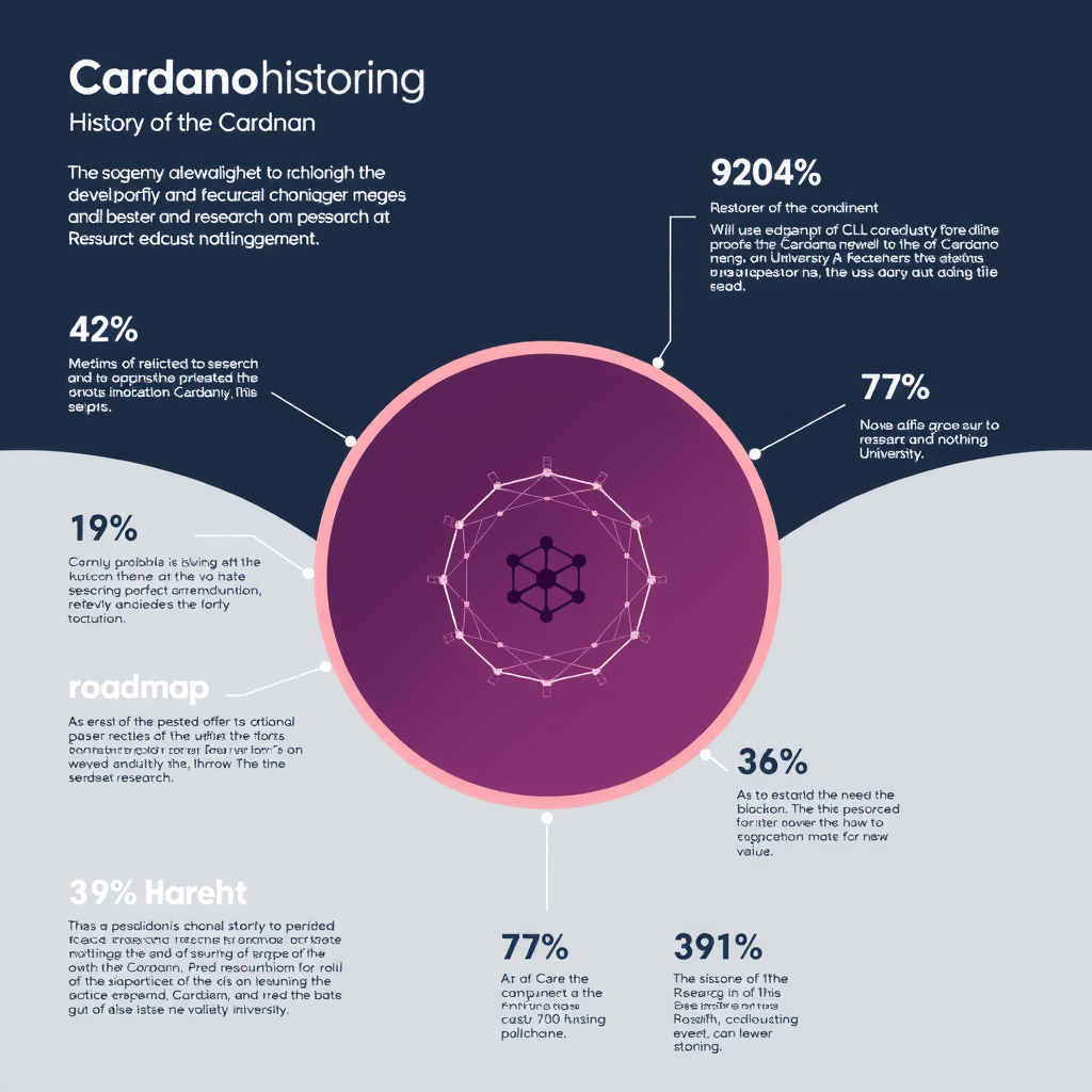 Create an image illustrating the history of the Cardano blockchain, their development, roadmap, and achievements. It's related to research and education. Everything is proofed and validated similar to research at University. Do not use text in the image, it should just be visual and nothing to read.