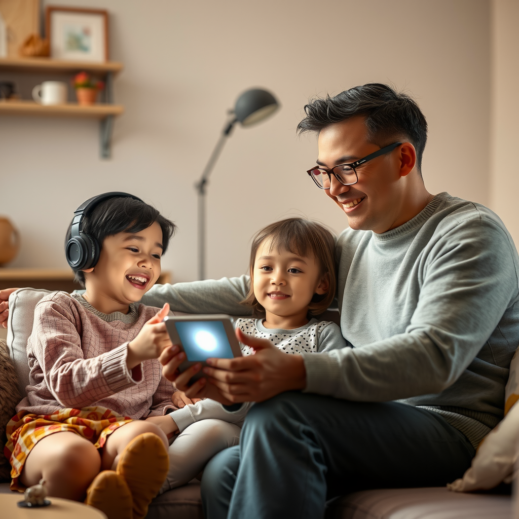 ai-generated image of a happy family engaging with a smart AI assistant, receiving helpful insights
