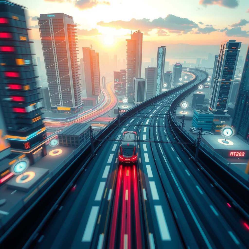 ai-generated image of a futuristic high-speed city with tech innovation hubs, symbolizing speed in development. 