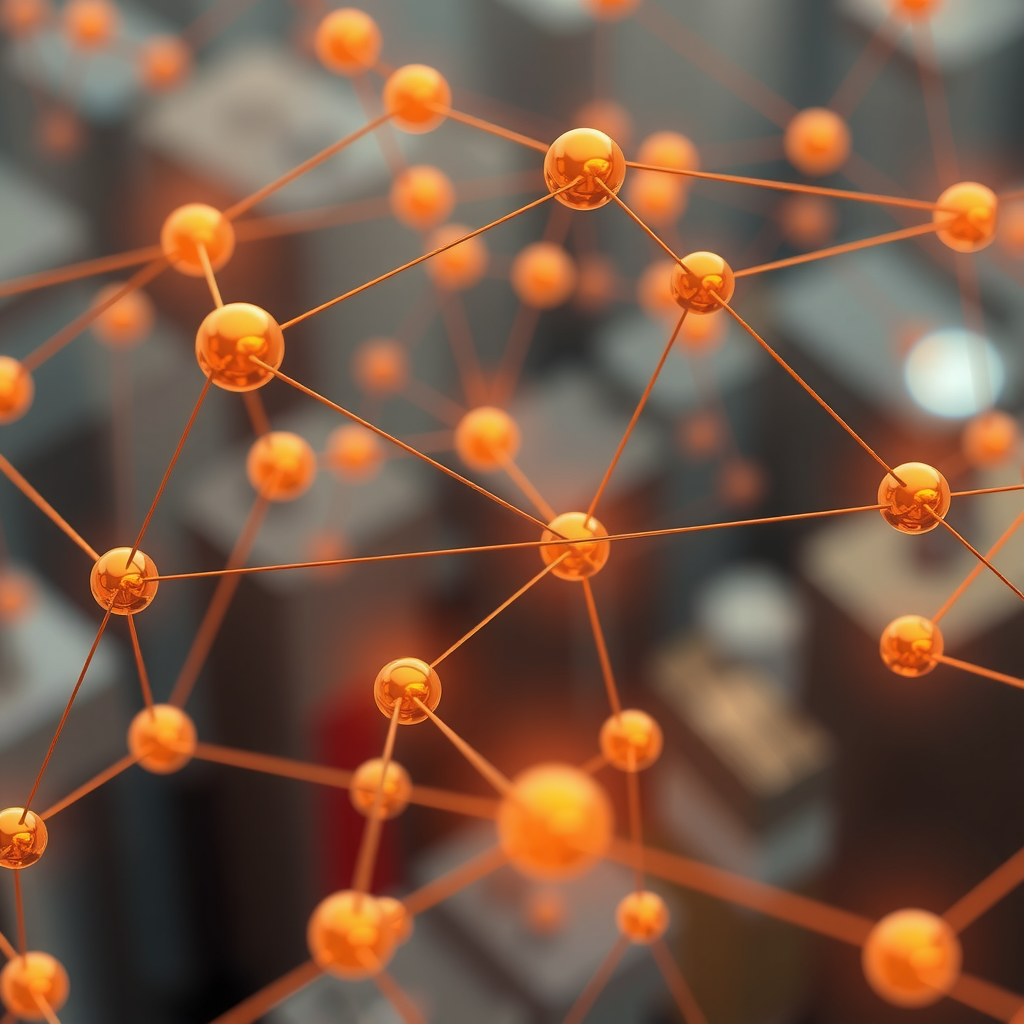 Create an image showing a blockchain in a abstract way with nodes and edges. A kind of network that is running the blockchain.