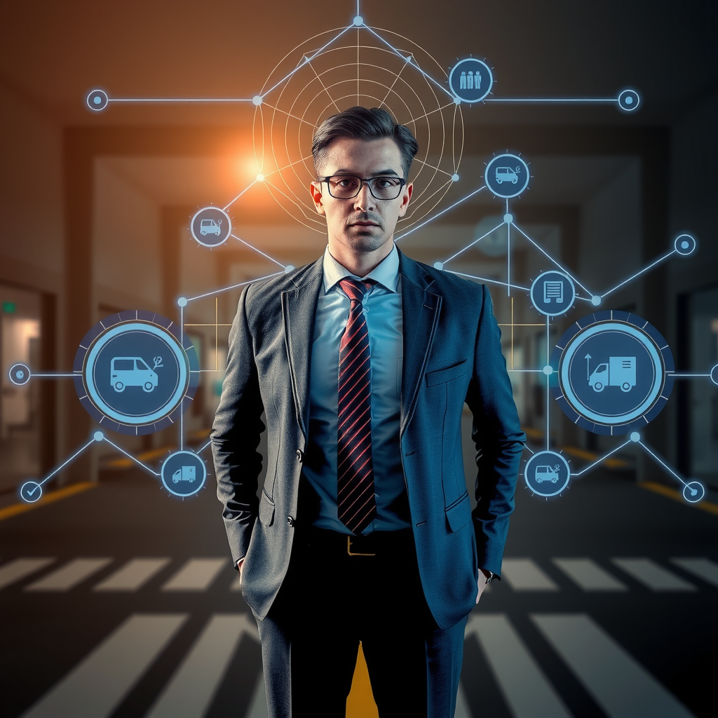 ai-generated image of a business professional facing crossroads, with tech-inspired solutions visualized around them