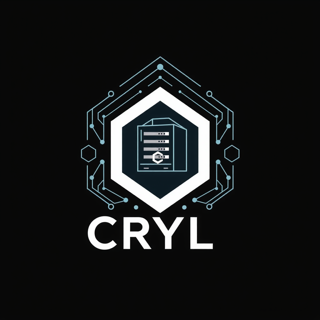 A crypto-themed cardano blockchain logo using the letters CRYL feature a home server in a dark basemenet