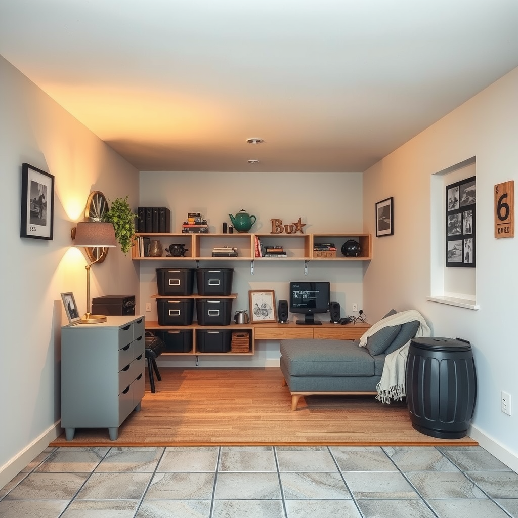 Erstelle ein Bild das zeigt wie private Lagerungsräume aussehen könnten wie z.B. ein Keller, ein Raum in einer Wohnung oder Einfamilienhaus. Es könnte auch eine Garage sein oder ein andere Ort indem man gut Sachen lagern kann.