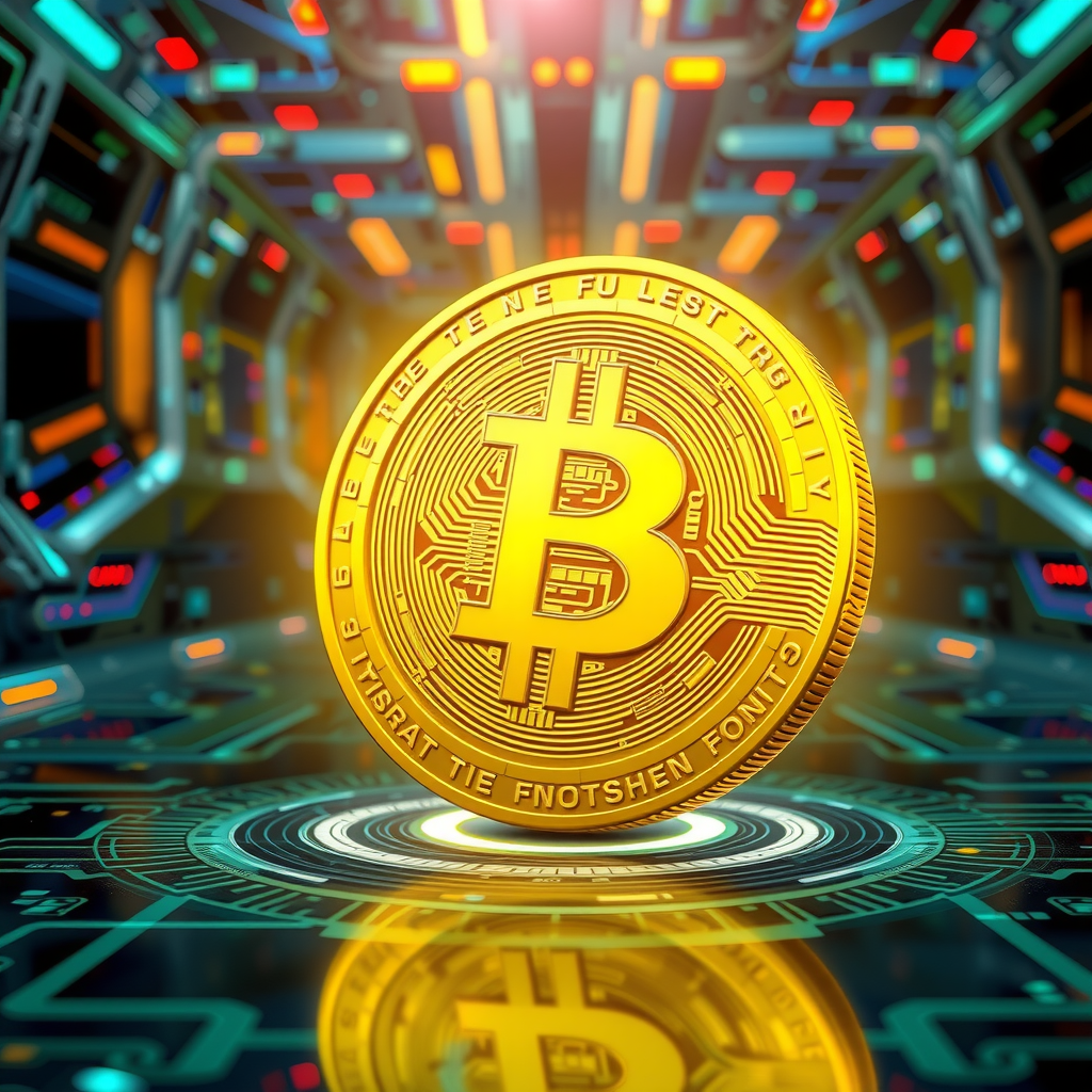 Generate a image showing a bitcoin (BTC) in a futuristic background