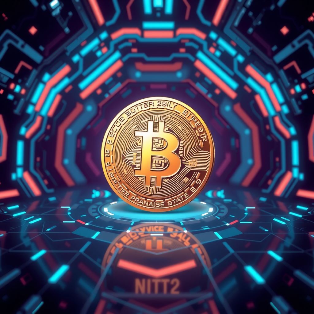 Generate a image showing a bitcoin (BTC) in a futuristic background