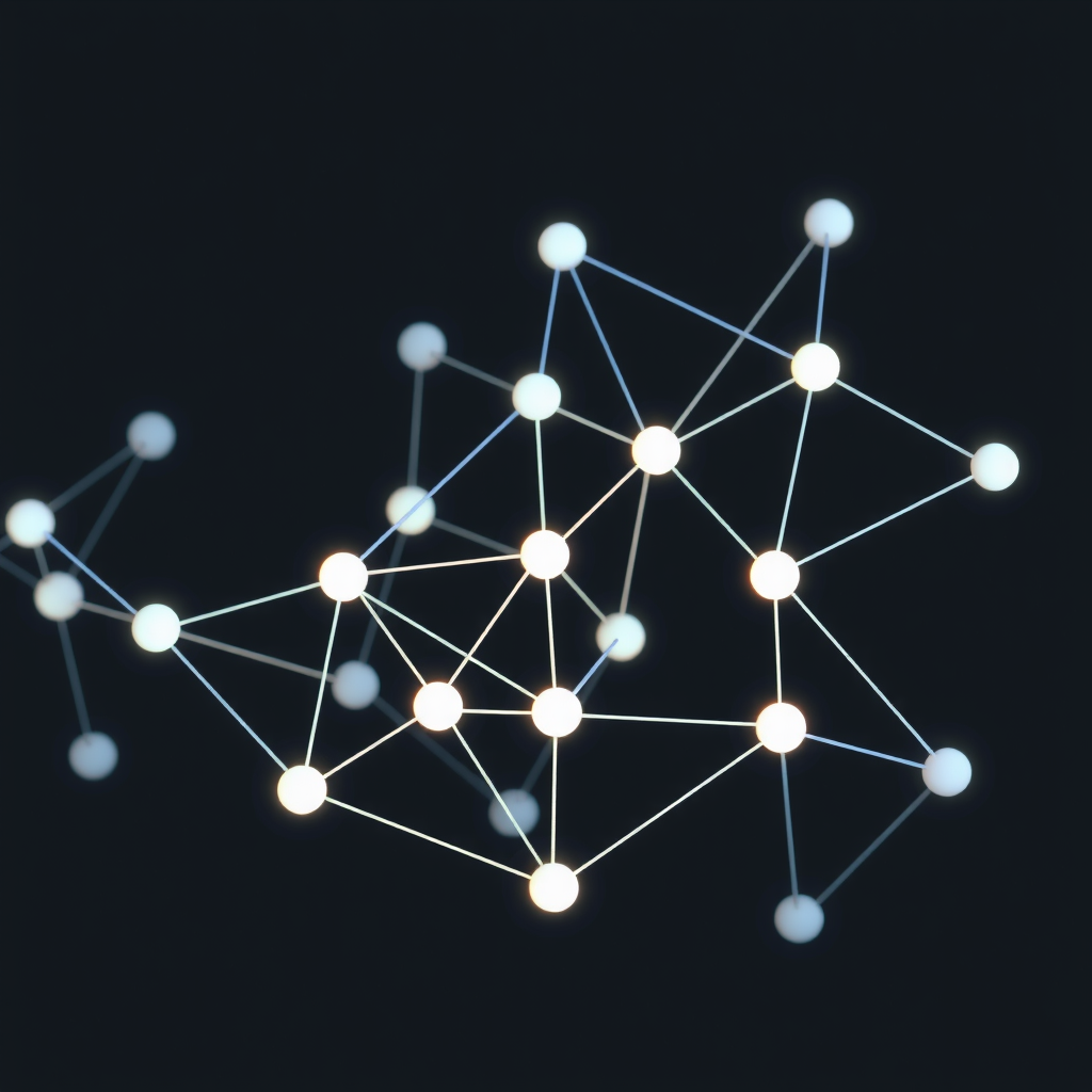 A blockchain which is a network of nodes and edges with a dark background and some blinking showing activity and transactions in the blockchain.