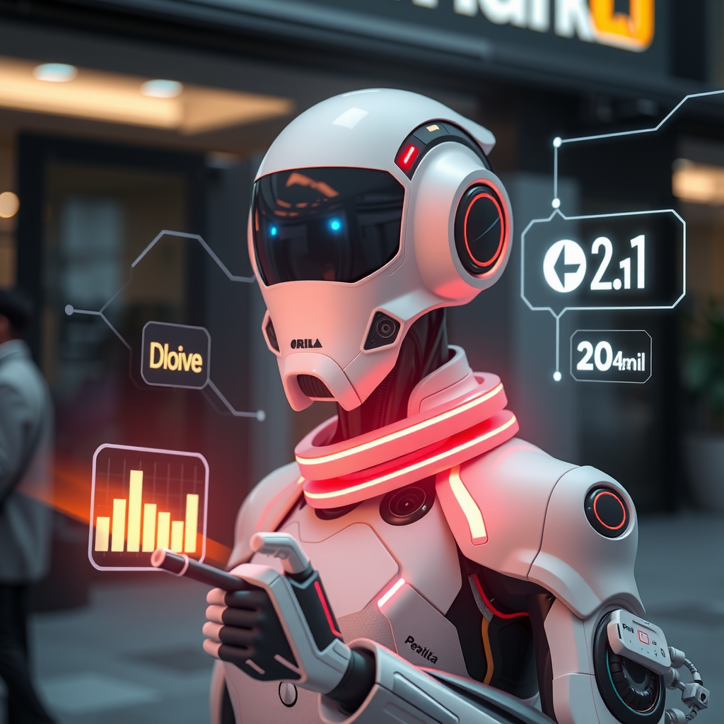 A futuristic AI assistant handling various business tasks.