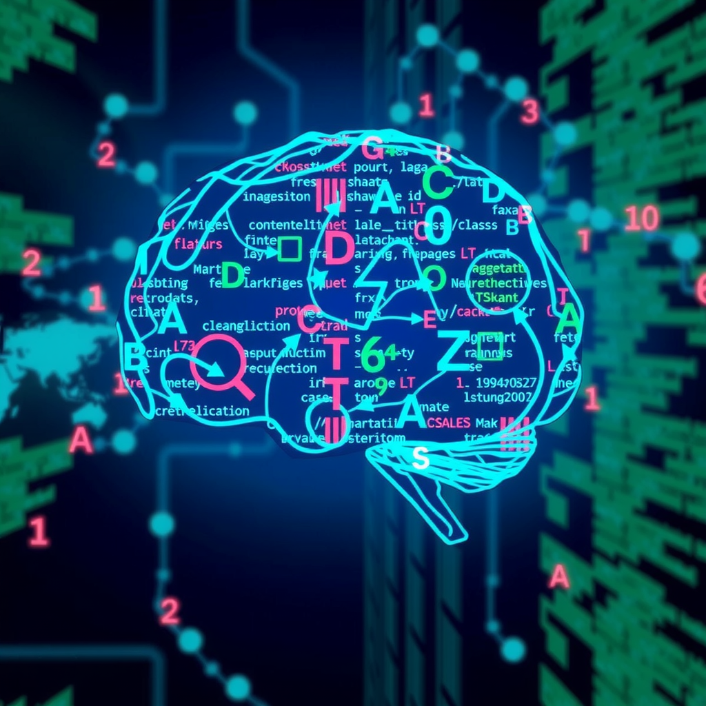 ai-generated image of a digital brain made of code and data, symbolizing complex algorithmic thinking