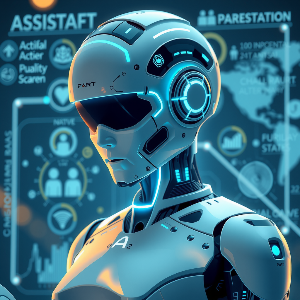 A futuristic AI assistant handling various business tasks.