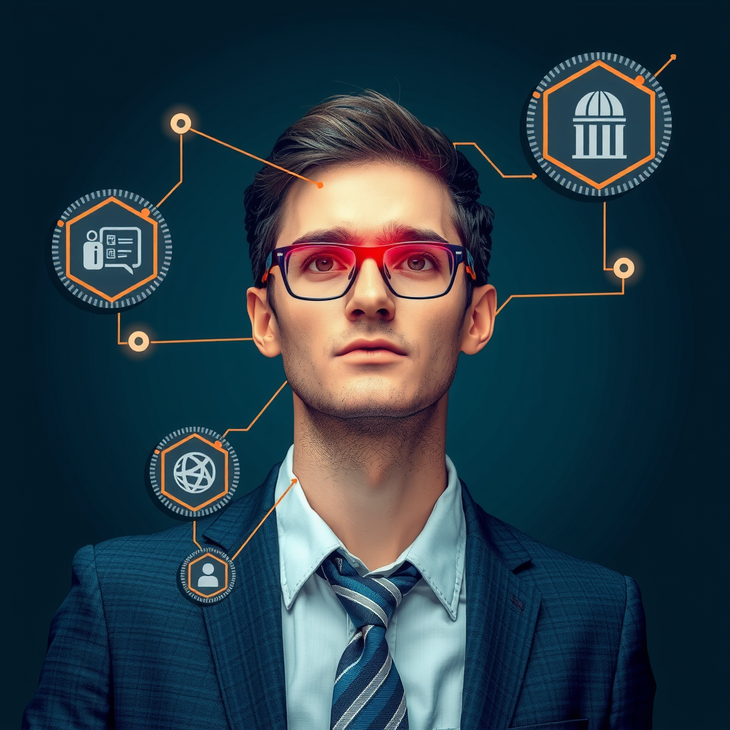 ai-generated image of a business professional facing crossroads, with tech-inspired solutions visualized around them