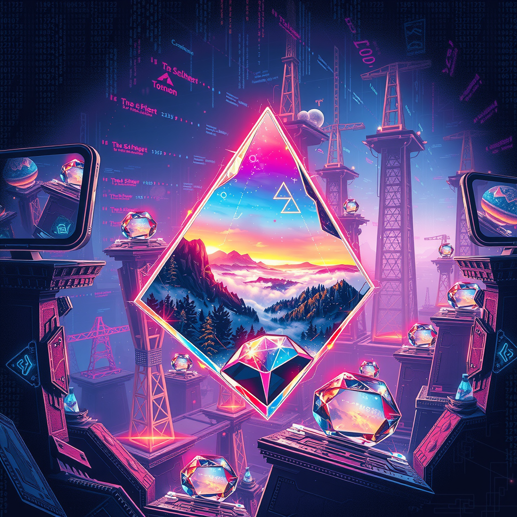Create an image inspired by the concept of Non-Fungible Tokens or NFTs. The artwork could be a stunning landscape or complex abstract design, surrounded by the ethereal glow of blockchain code strings, hinting at the underpinning technology of NFTs. In the background, portray a digital marketplace, filled with other similar prisms, making a scene that feels futuristic and exploring the excitement and intrigue surrounding the digitized art market.