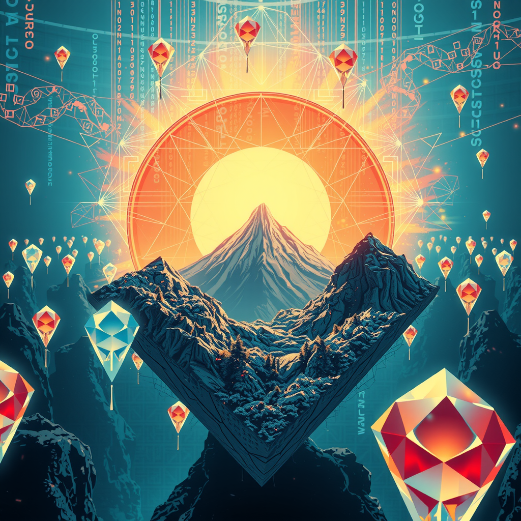 Create an image inspired by the concept of Non-Fungible Tokens or NFTs. The artwork could be a stunning landscape or complex abstract design, surrounded by the ethereal glow of blockchain code strings, hinting at the underpinning technology of NFTs. In the background, portray a digital marketplace, filled with other similar prisms, making a scene that feels futuristic and exploring the excitement and intrigue surrounding the digitized art market.